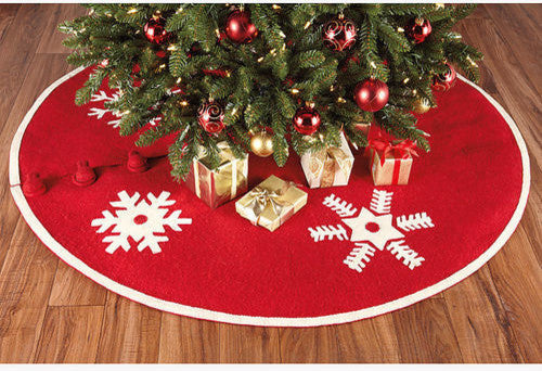 Handmade Christmas Tree Skirt in Felt - Snowflakes on Red