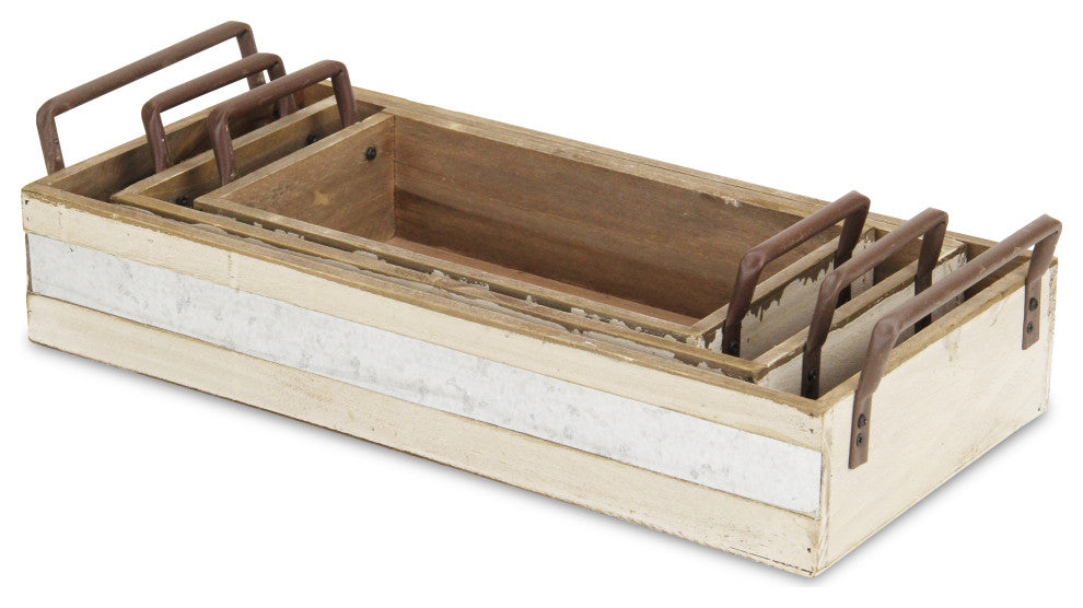 Rectangular Wood and Metal Storage Crates, Set of 3