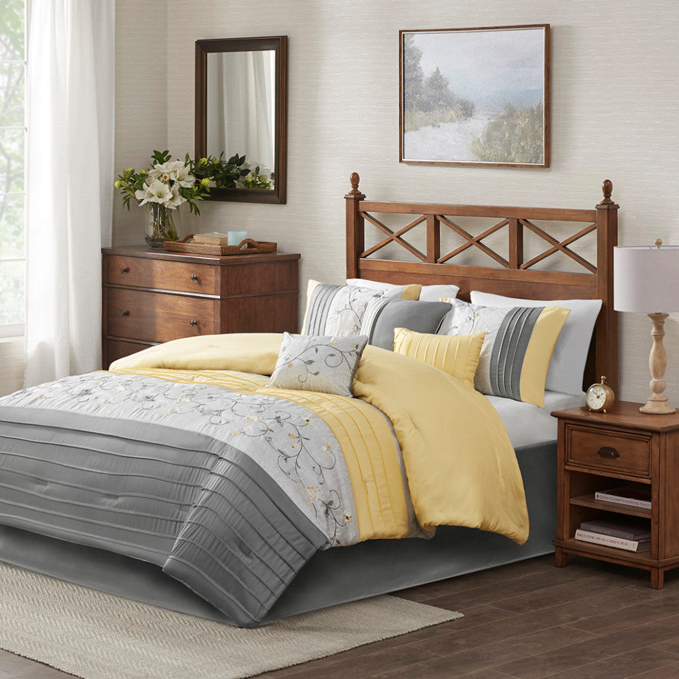 Madison Park Serene Embroidered 7 Piece Comforter Set, Yellow