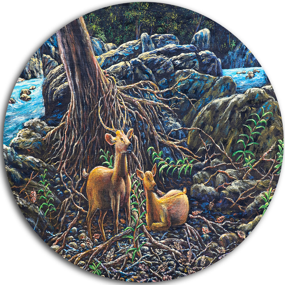 Deer In Forest, Landscape Painting Round Wall Art, 38"