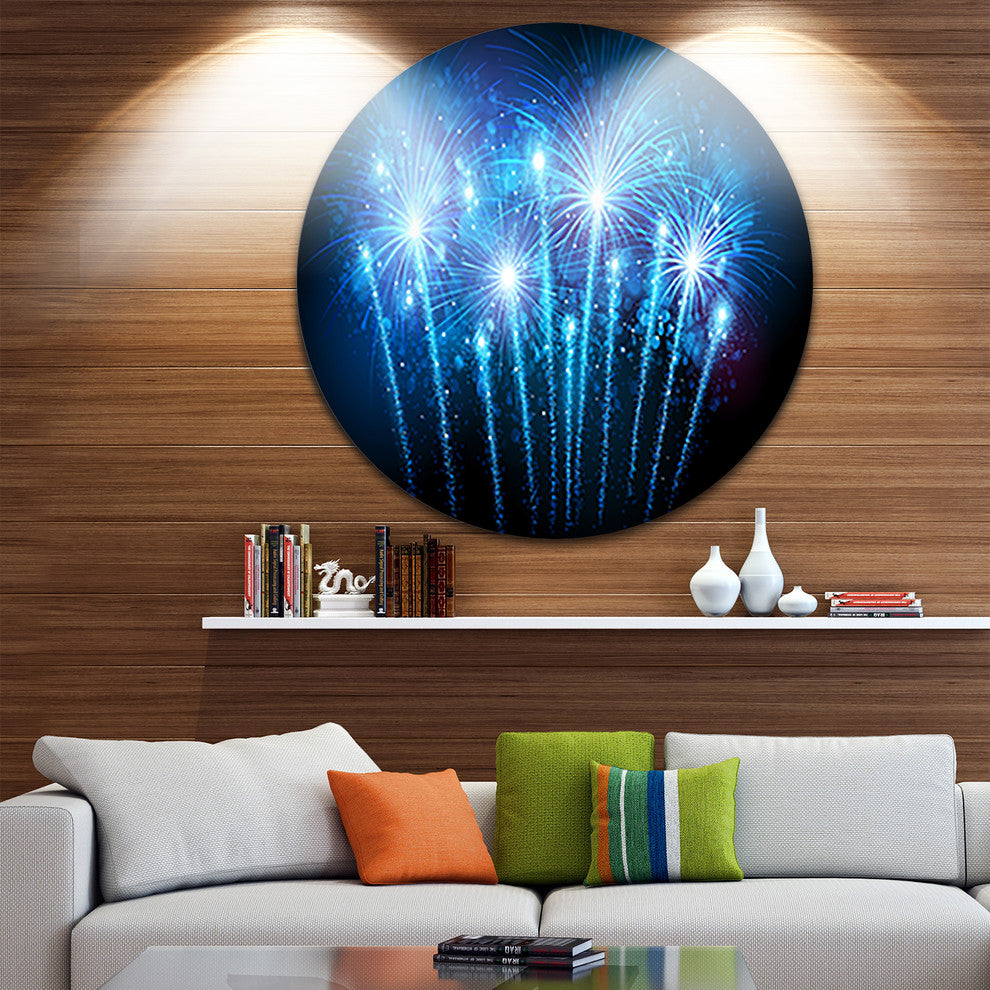 Blue Fireworks At Night Sky, Skyscape Photo Disc Metal Wall Art, 23"