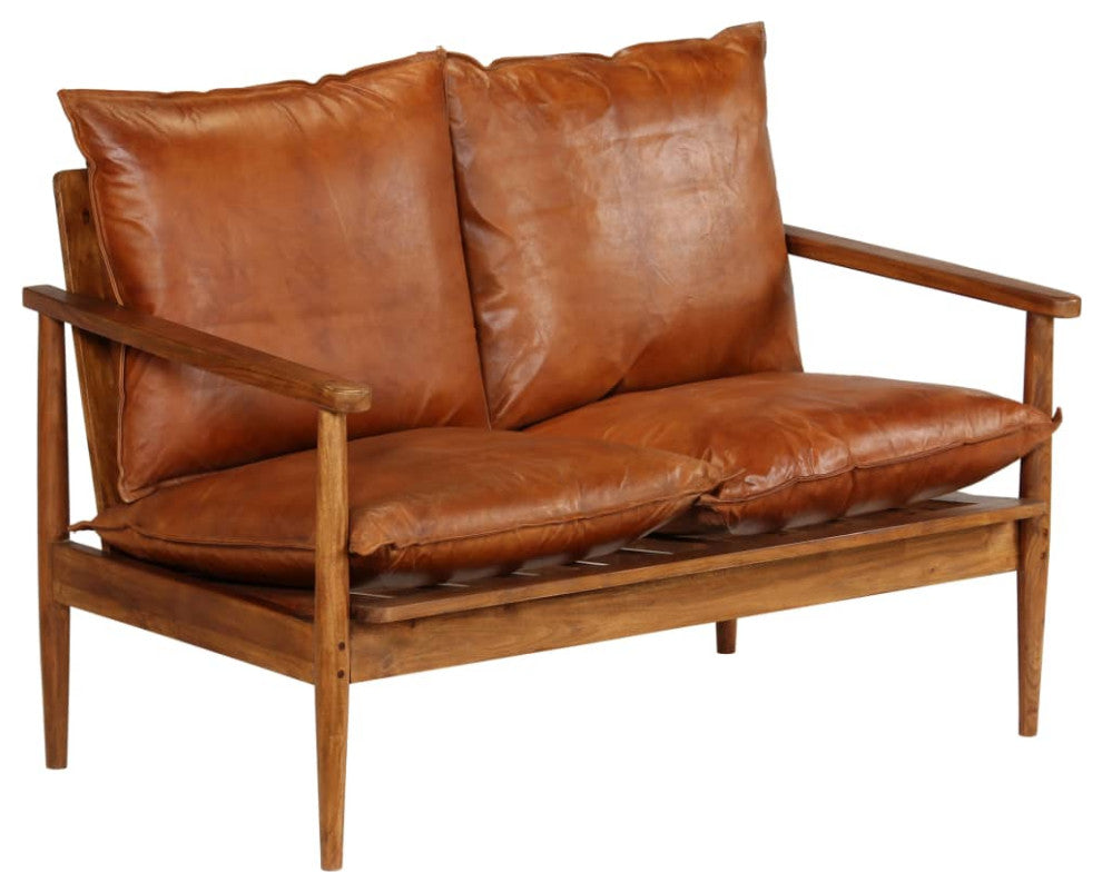 vidaXL 2-Seater Sofa Real Leather With Acacia Wood Brown