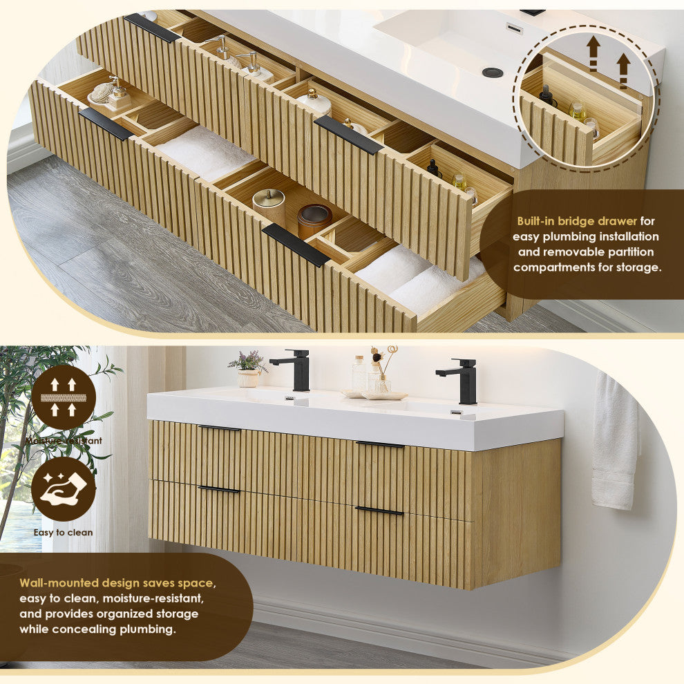 Livia Wall-mounted Bathroom Vanity, Nature Brown, 60inch, No Mirror