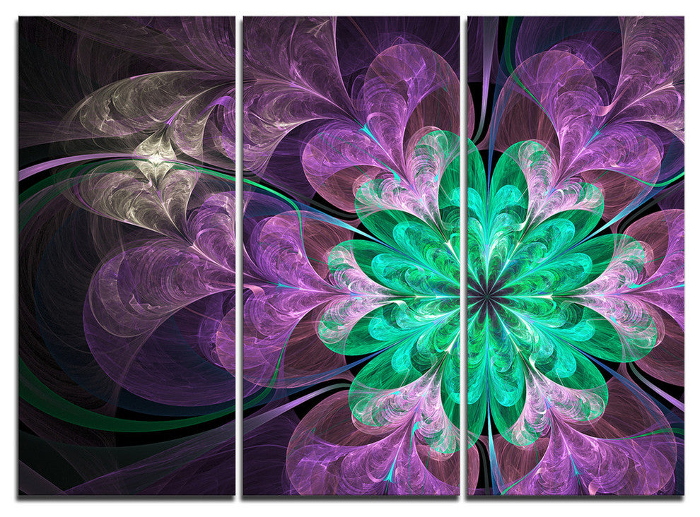 "Glittering Purple Green Fractal Flower" Metal Wall Art, 3 Panels, 36"x28"