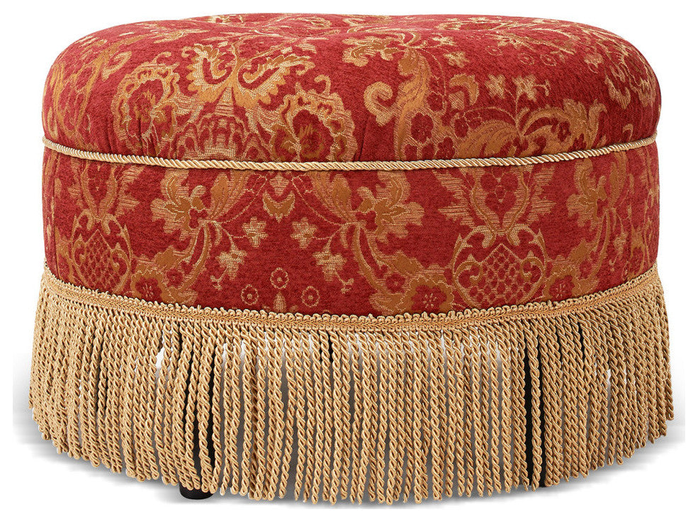 Yolanda 24" Upholstered Round Accent Ottoman, Red & Gold Damask