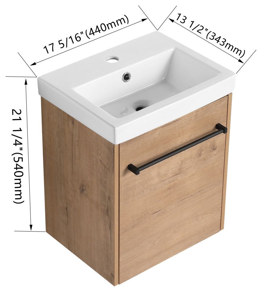 GDF Studio 18" Wall-Mounted Vanity, Ceramic Sink, Imitative Oak