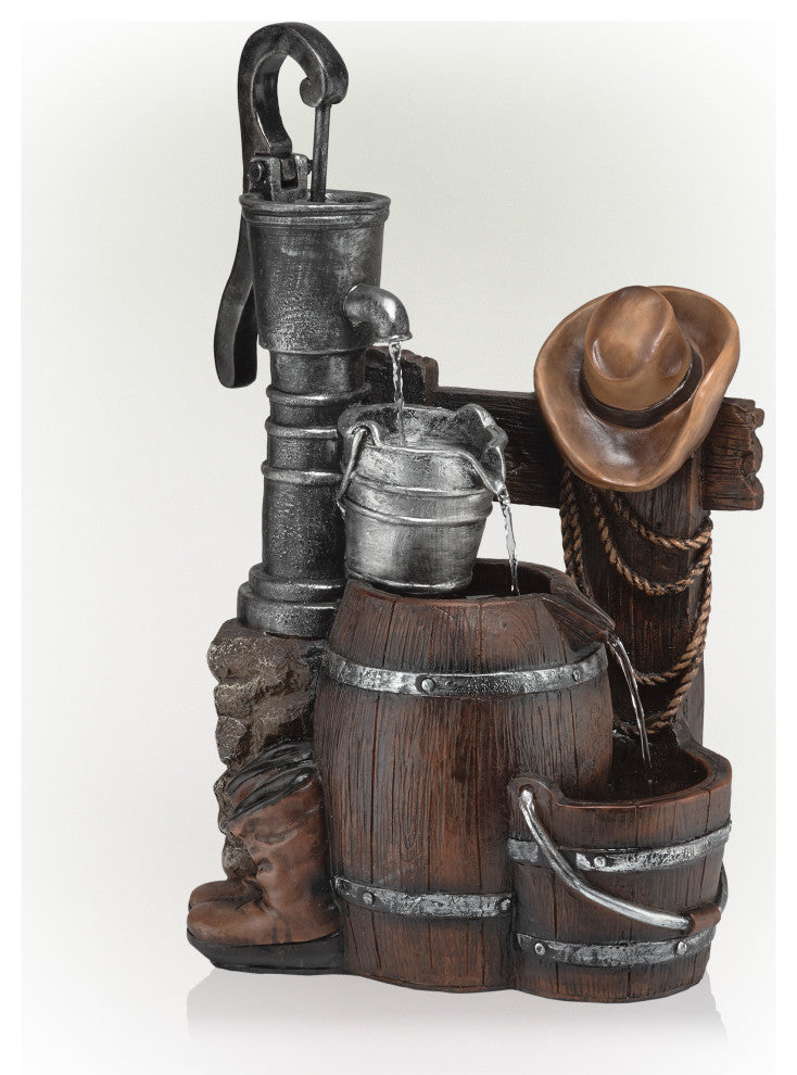 Pump and Barrel Fountain with Cowboy Hat