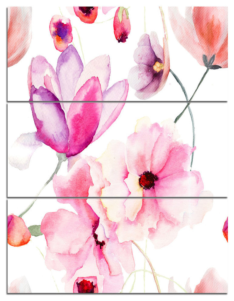 "Seamless Pattern of Pink Flowers" Metal Wall Art, 3 Panels, 28"x36"