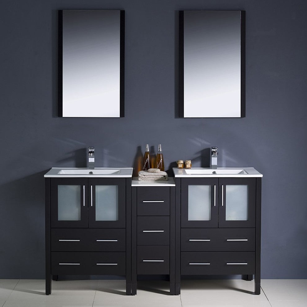 Torino 60" Espresso Modern Double Sink Bathroom Vanity, Faucet FFT9151BN
