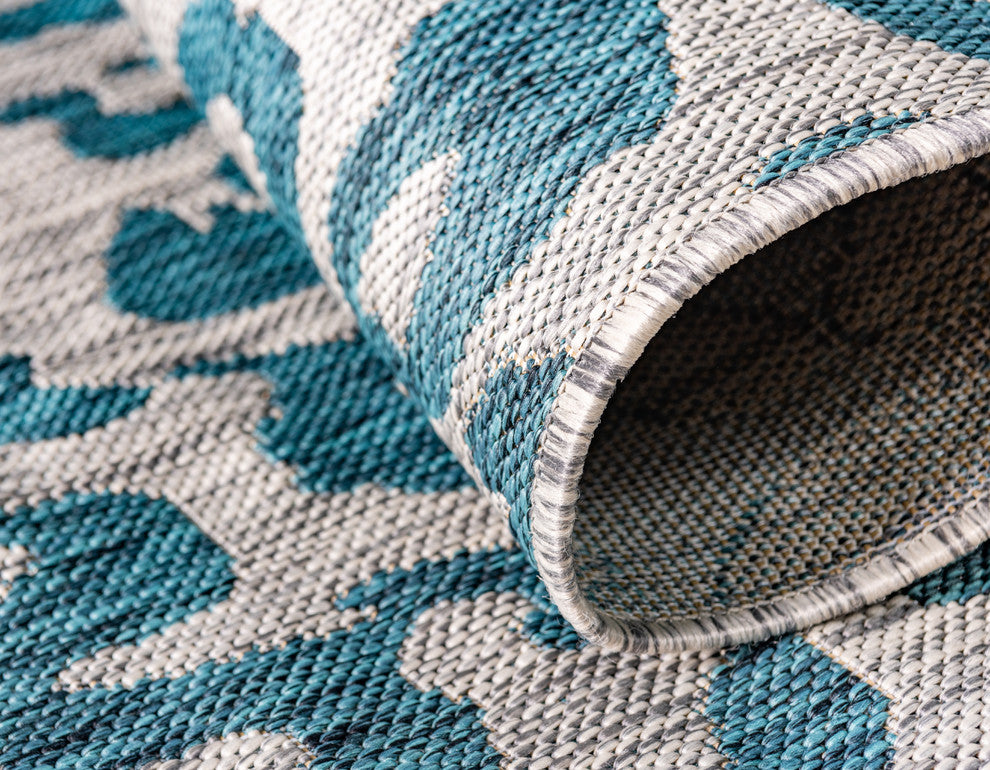 Unique Loom Teal Leopard Outdoor Rug, Teal, Gray, 4' X 4'