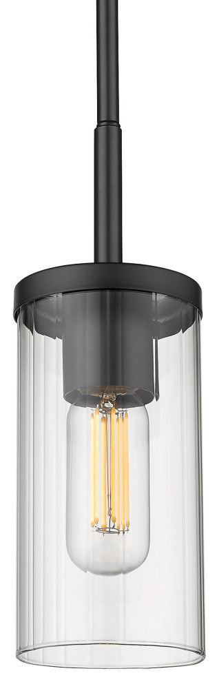 Winslett Mini Pendant, Matte Black With Ribbed Clear Glass