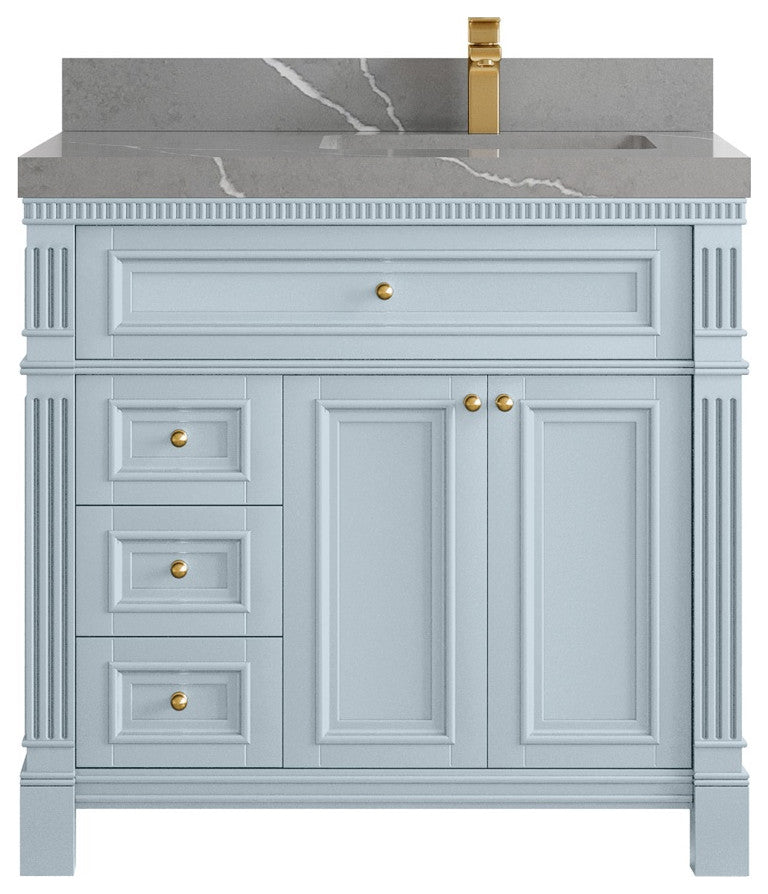 Paris 36" Right Offset Bathroom Vanity, Blue Heather 2" Piatra Gray