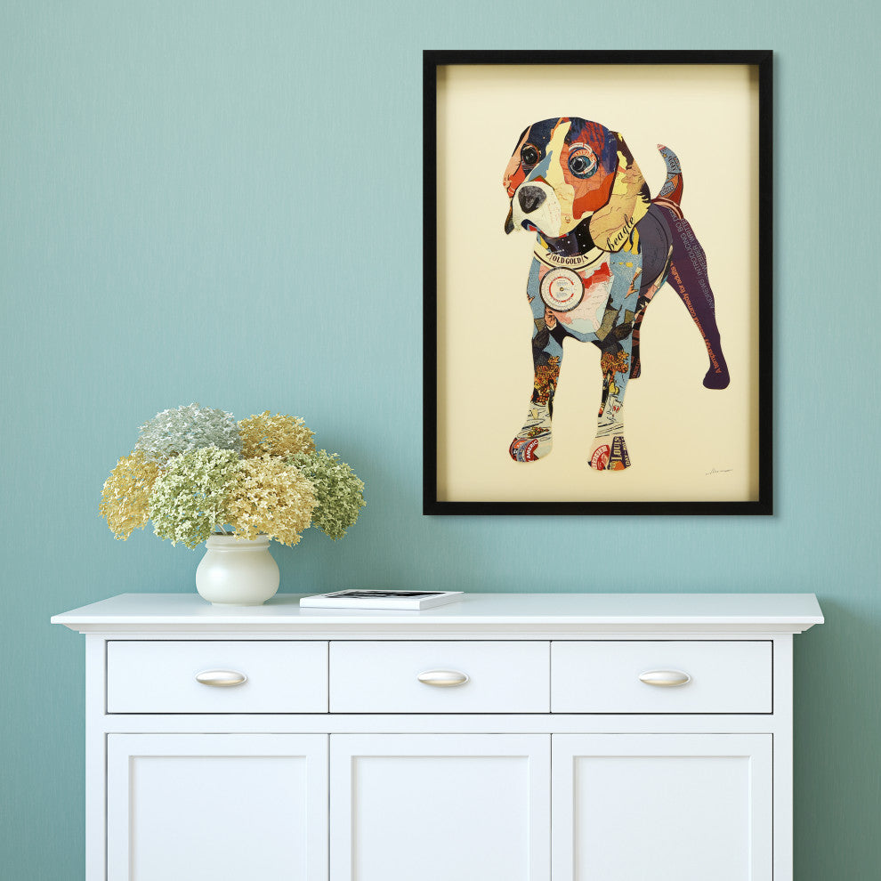 Beagle Dog Dimensional Handmade Collage Wall Art Framed Under Glass