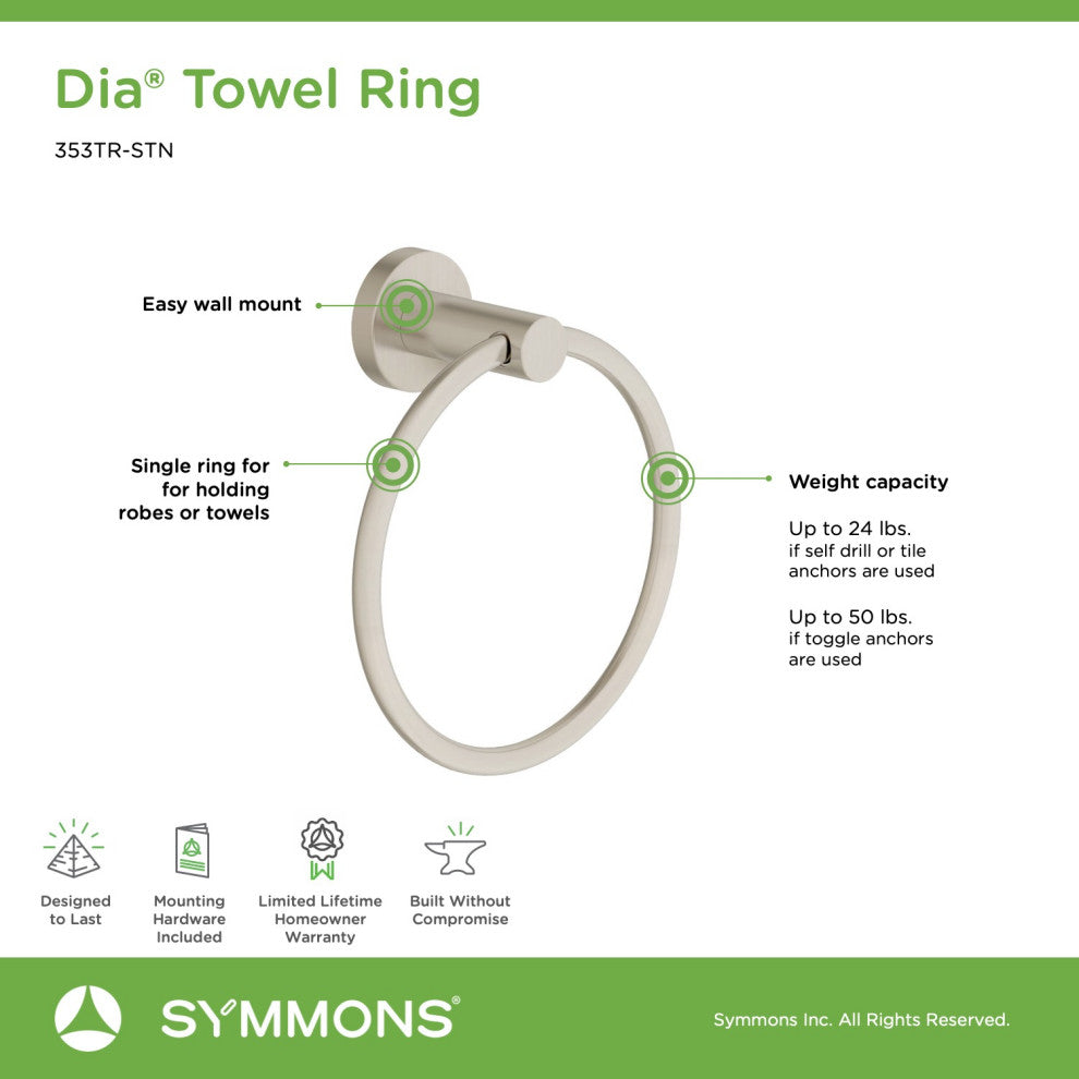 Dia Hand Towel Ring with Mounting Hardware, Satin Nickel