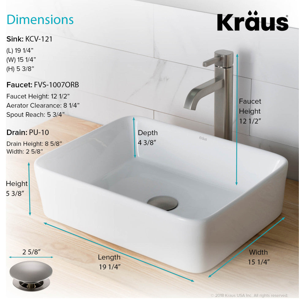 Elavo Square Ceramic Vessel Sink, Bathroom Ramus Faucet, PU Drain, Satin Nickel