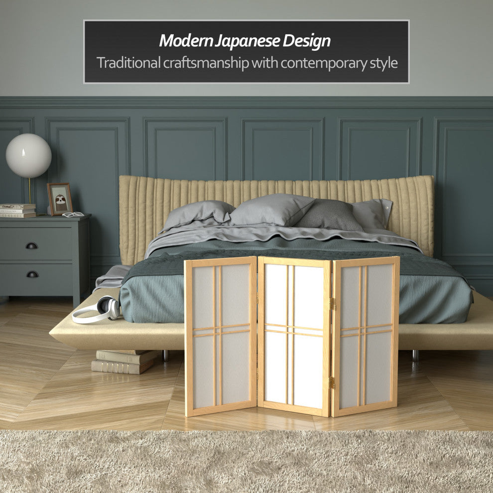 2' Tall Desktop Double Cross Shoji Screen, Natural, 3 Panels