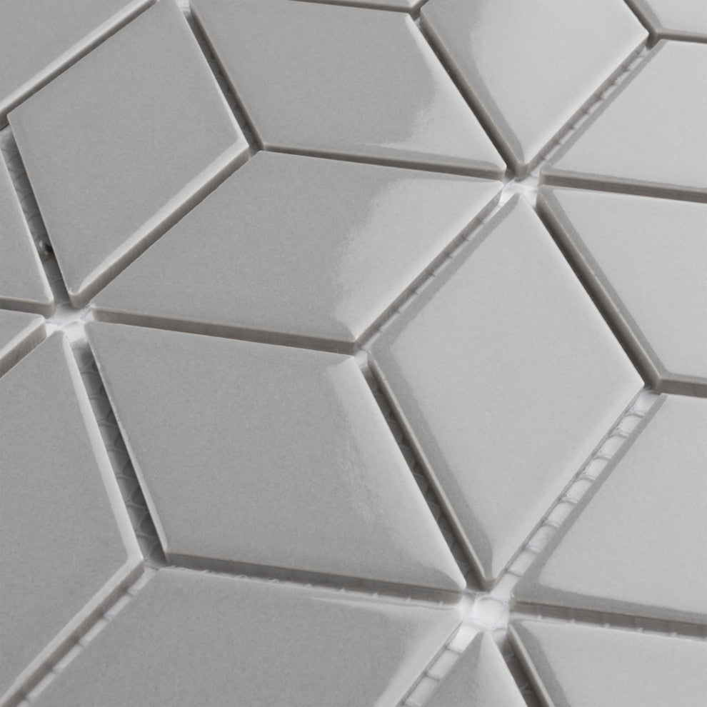 Metro Rhombus Mosaic Floor and Wall Tile, Glossy Light Gray
