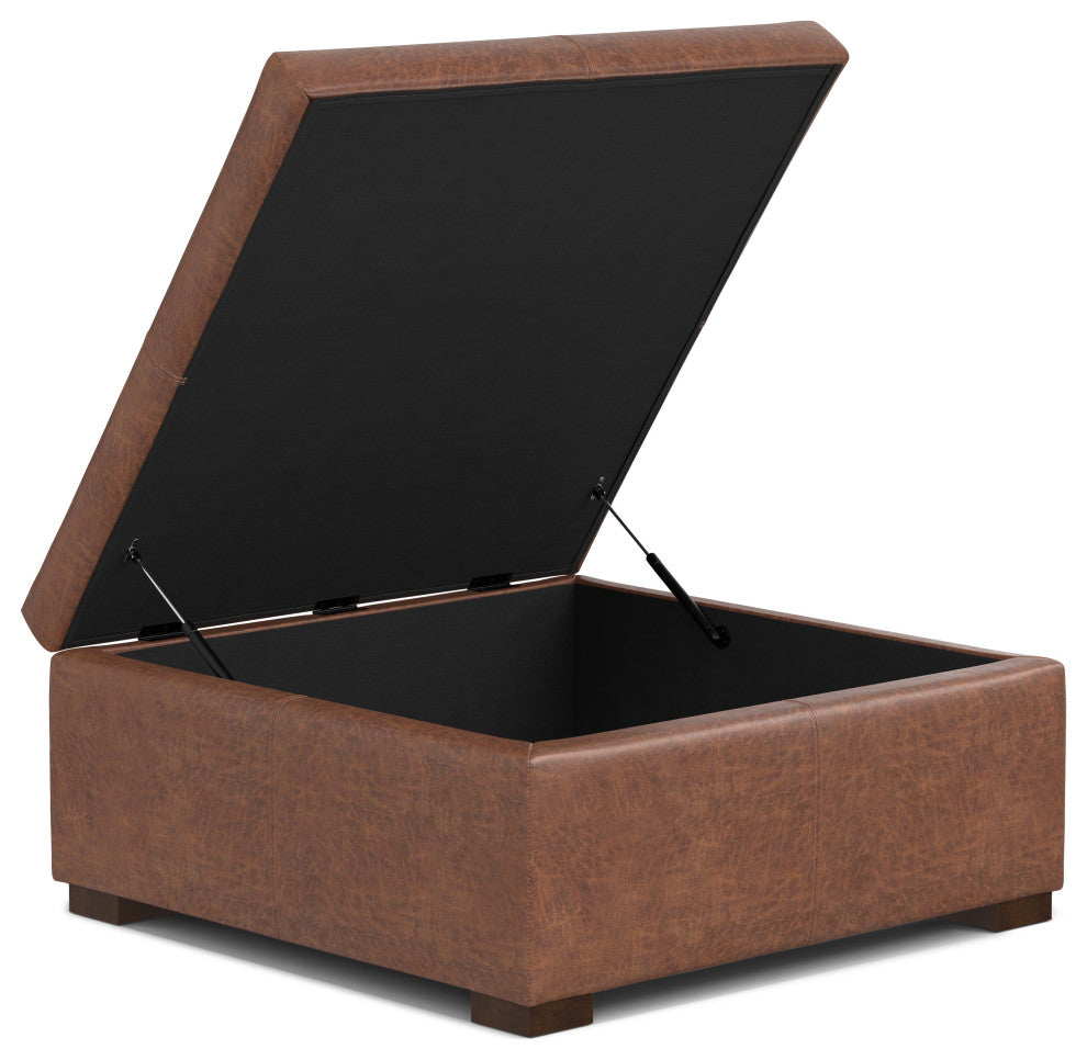 Gabbie Square Coffee Table Storage Ottoman, Distressed Saddle Brown