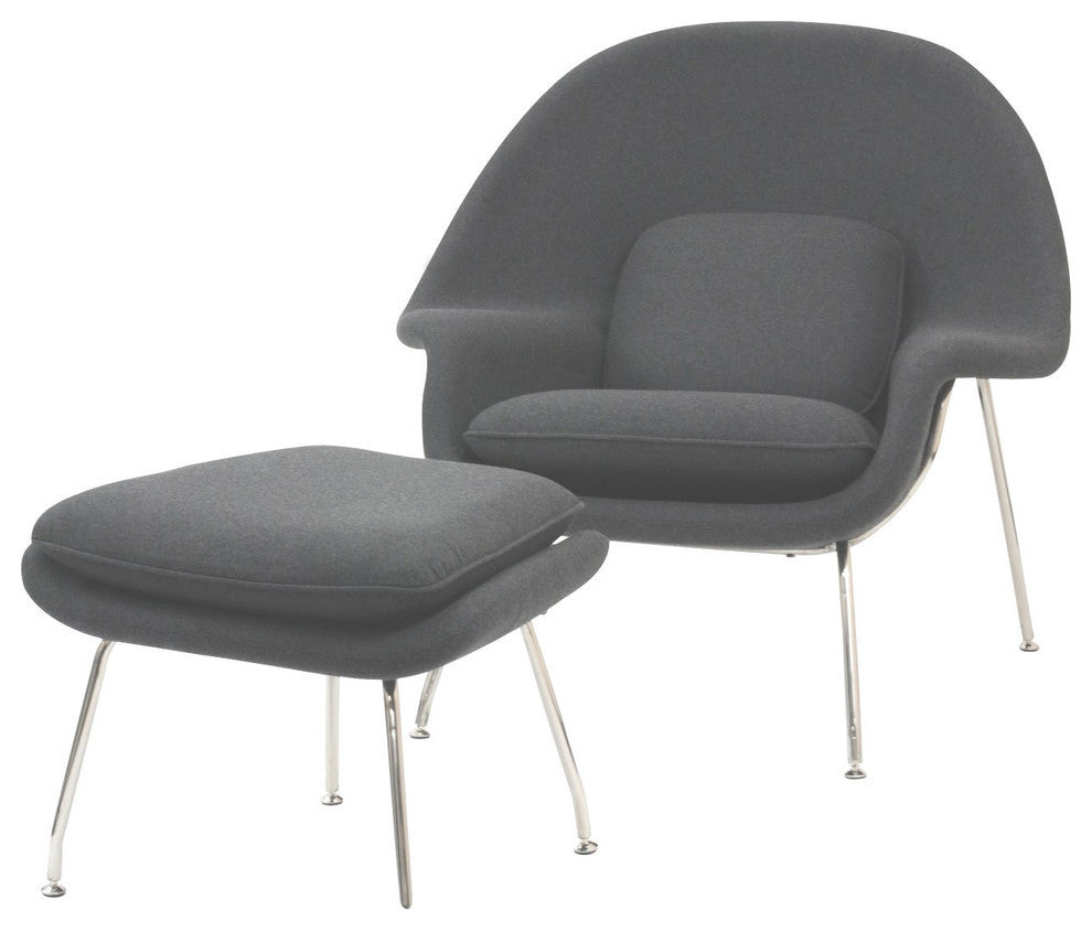 Modern Contemporary Living Room Lounge Chair and Ottoman, Light Gray
