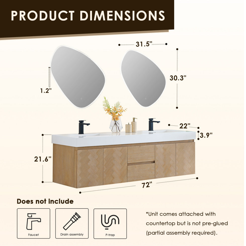 Siena Wall-mounted Single Bath Vanity, Light Brown, 72inch, With Mirror