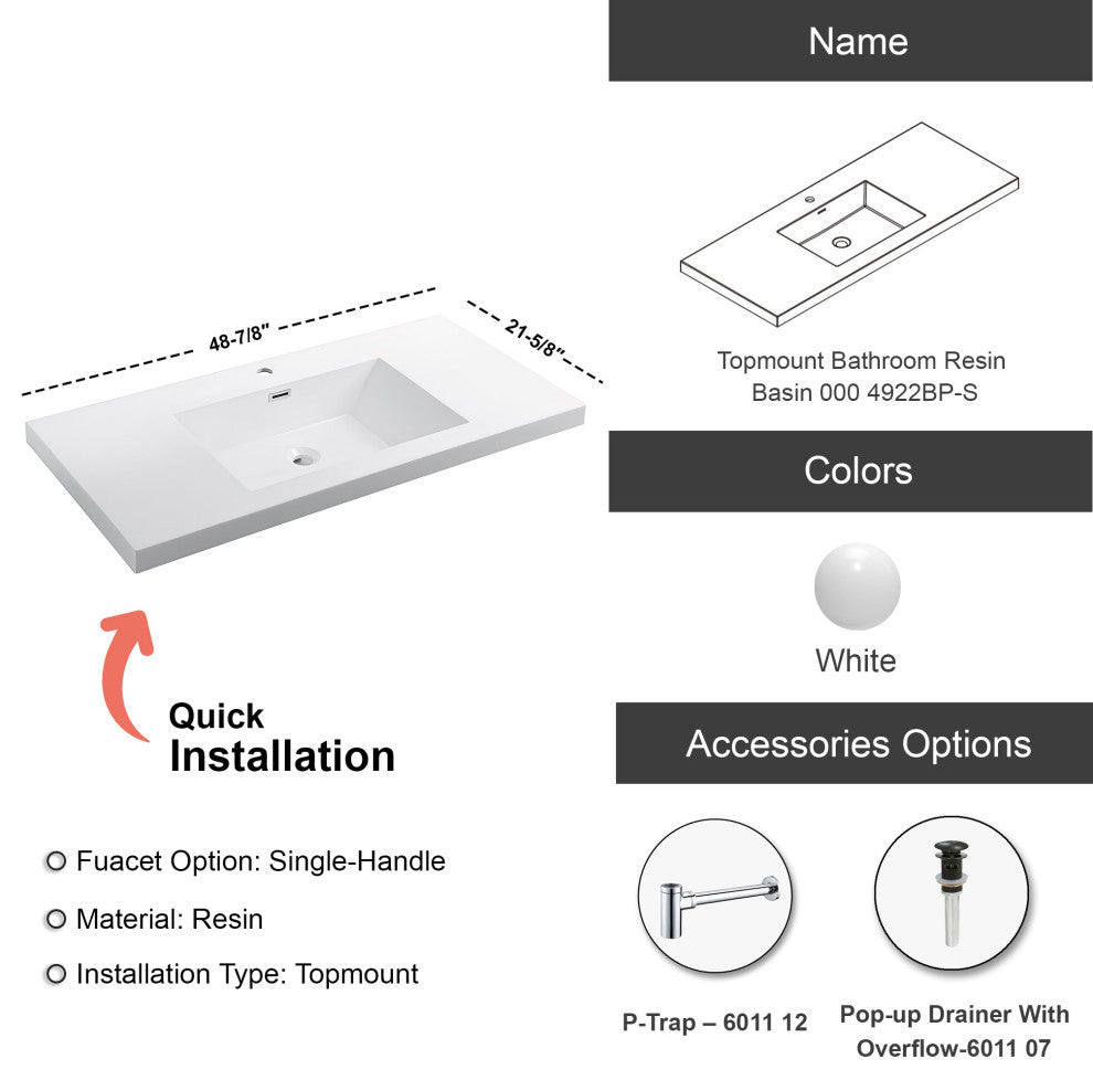 Dowell 22" FTB Resin Bathroom Vanity Basin, White, 49wx22dx6h 1-Sink