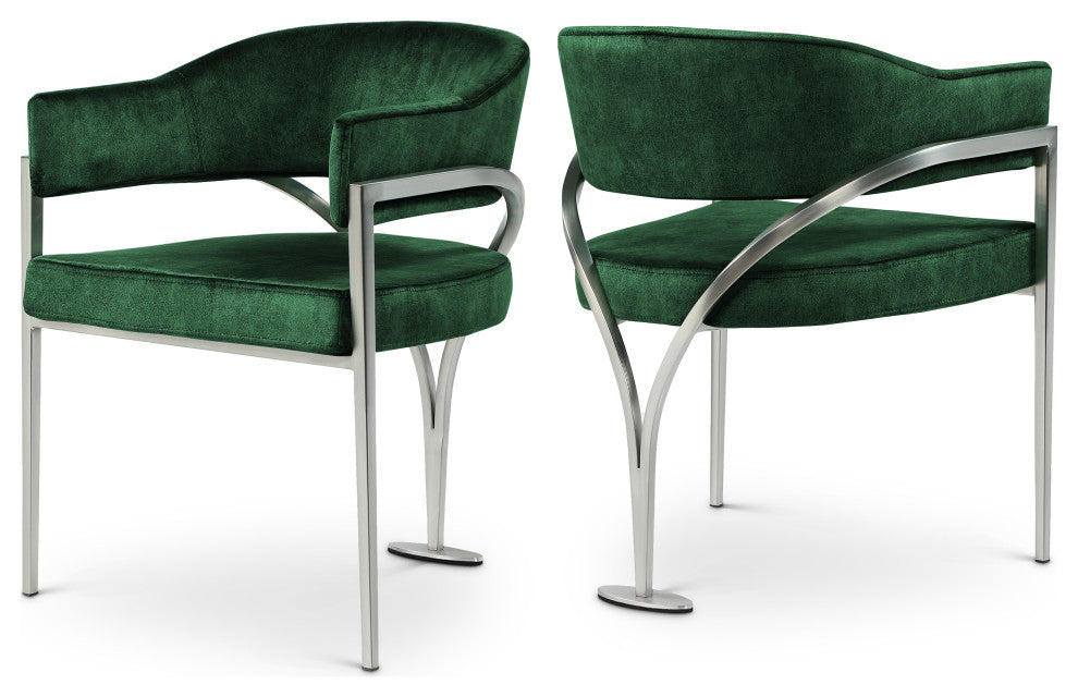 Madelyn Upholstered Dining Chair, Set of 2, Green, Velvet, Silver Finish