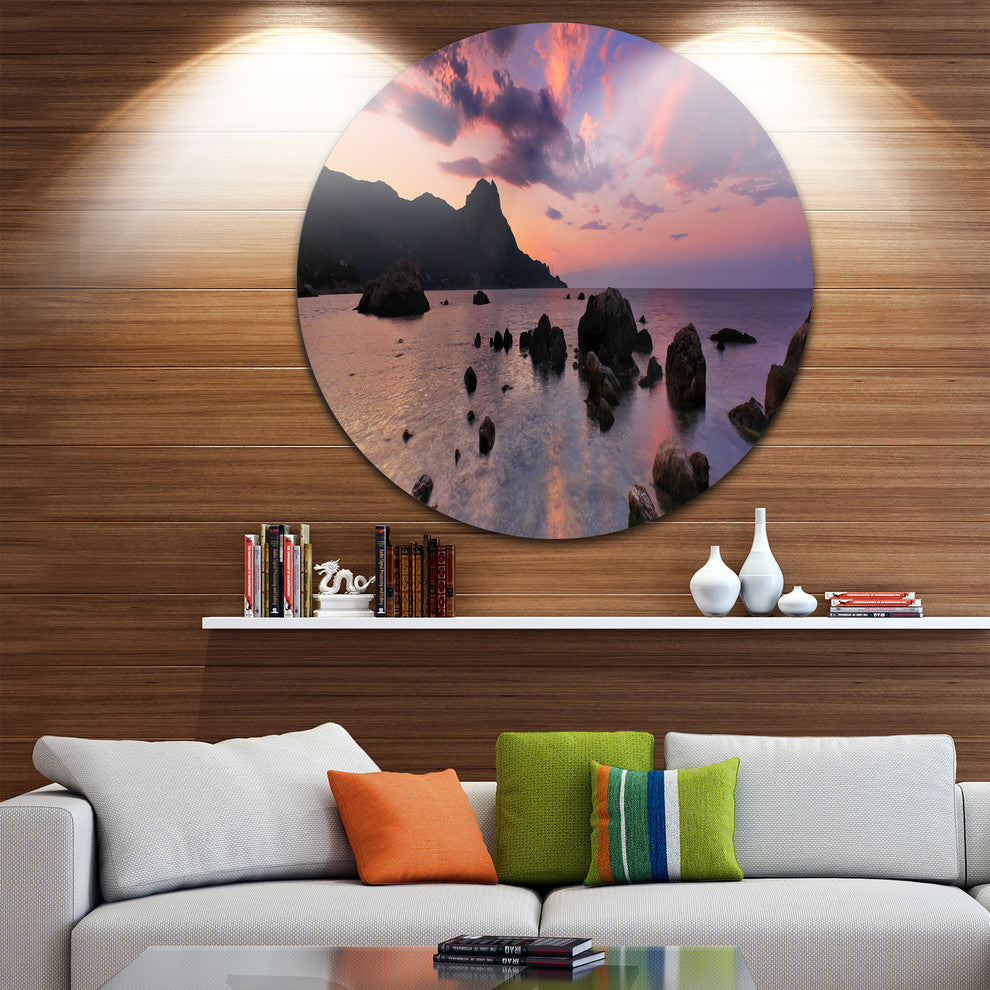 Rocky Colorful Beach Panorama, Modern Seashore Round Wall Art, 36"