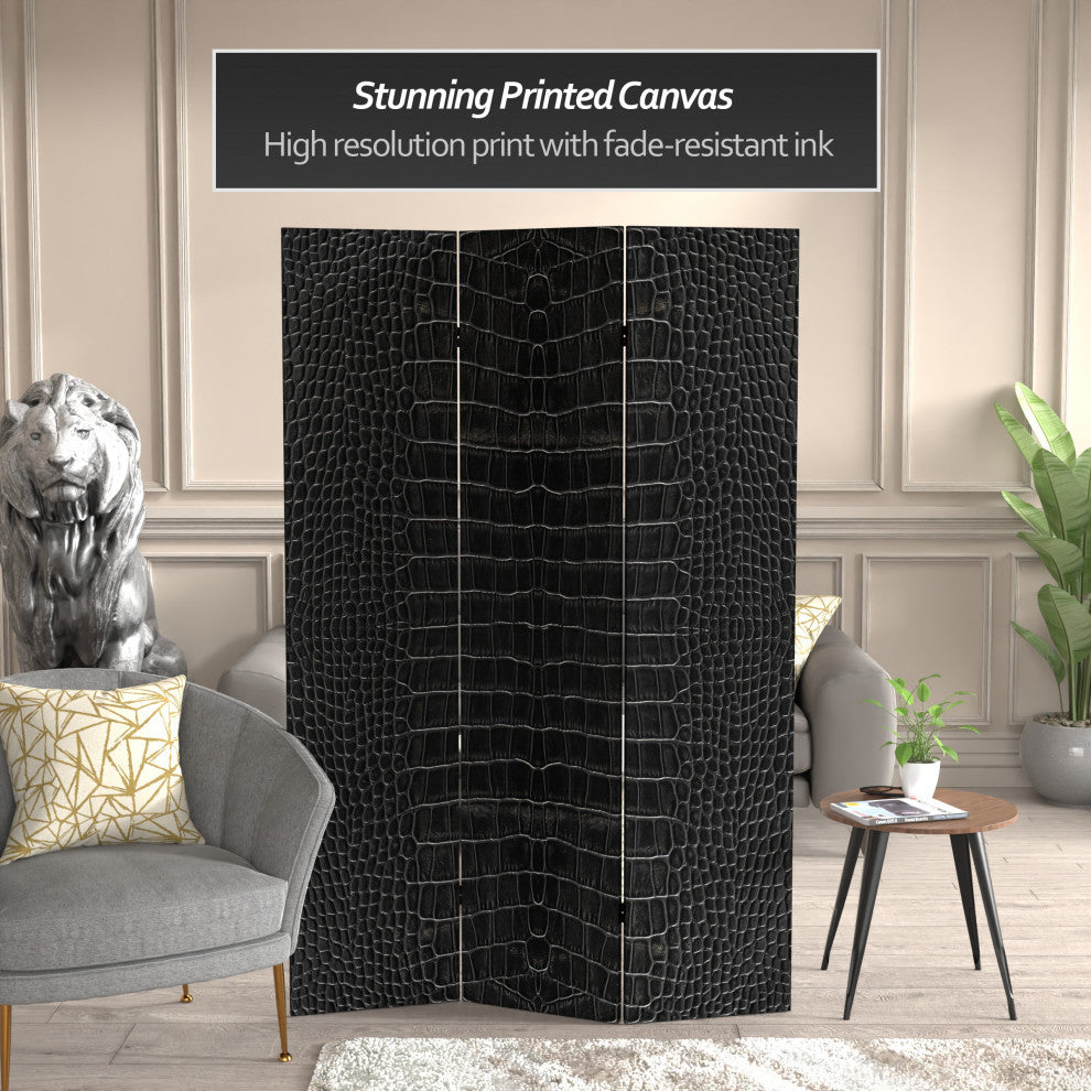 6' Tall Double Sided Black Crocodile Print Canvas Room Divider