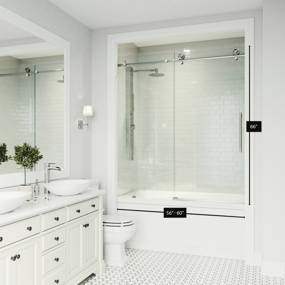 VIGO Elan Cass Aerodynamic 56" to 60" W x 66" H Frameless Sliding Tub Door, Stainless Steel, Clear Glass