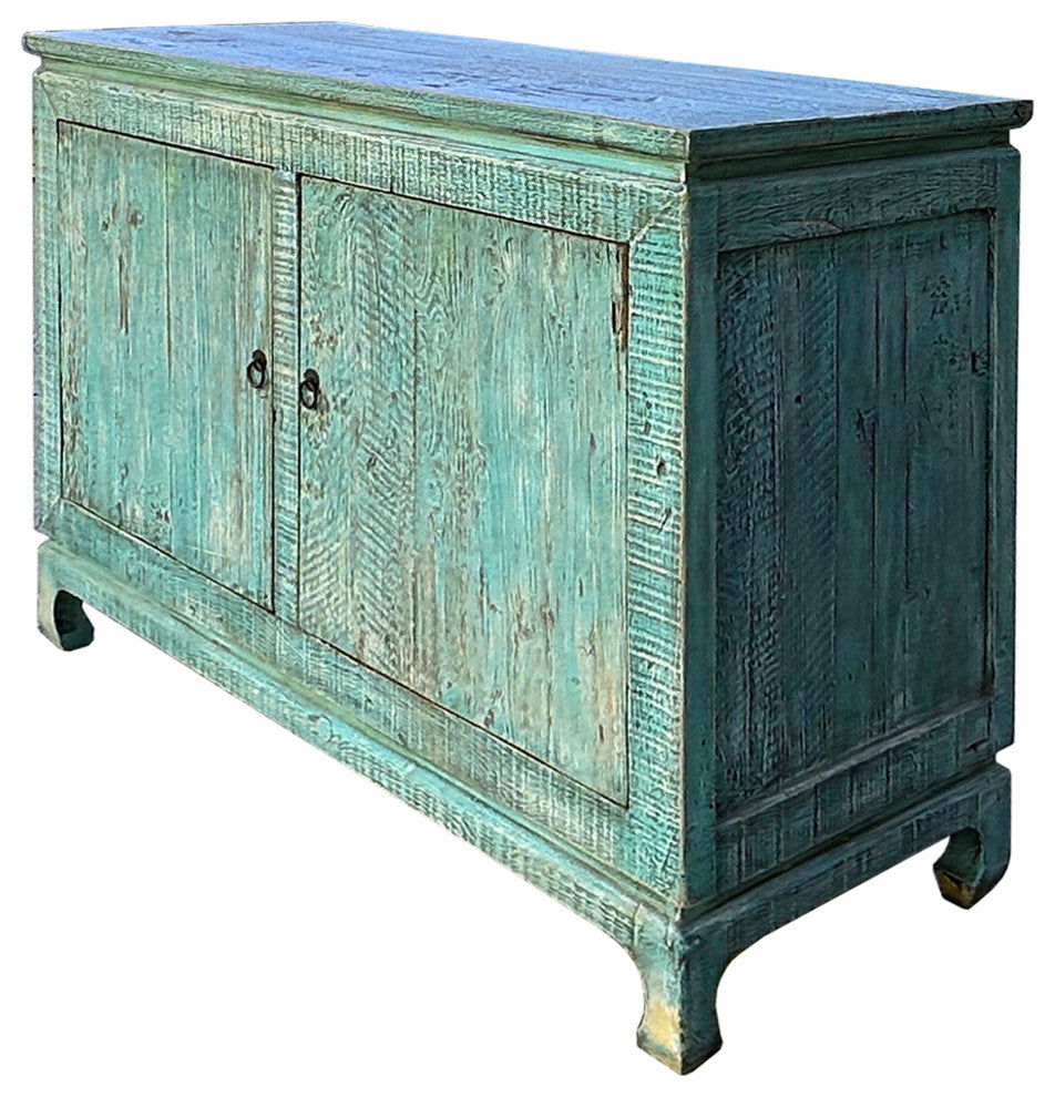 Distressed Turquoise Aqua Blue Rough 2 Doors Credenza Sideboard Console Hws4344