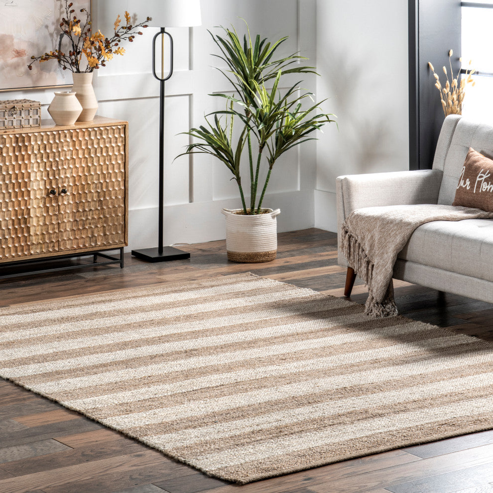 Nuloom Jute and Denim Even Stripes Area Rug, Off White 7'6"x9'6"
