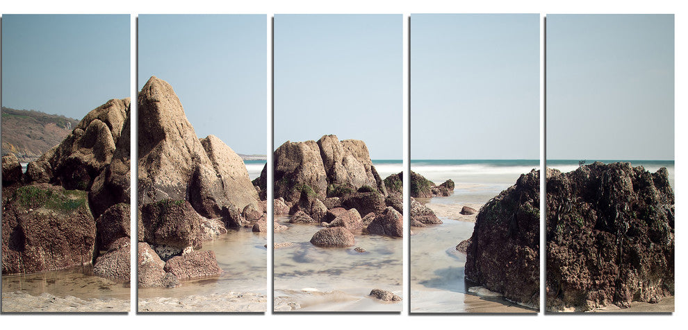 "Large Rocks At Coast Panorama" Seashore Wall Art, 5 Panels, 60"x28"