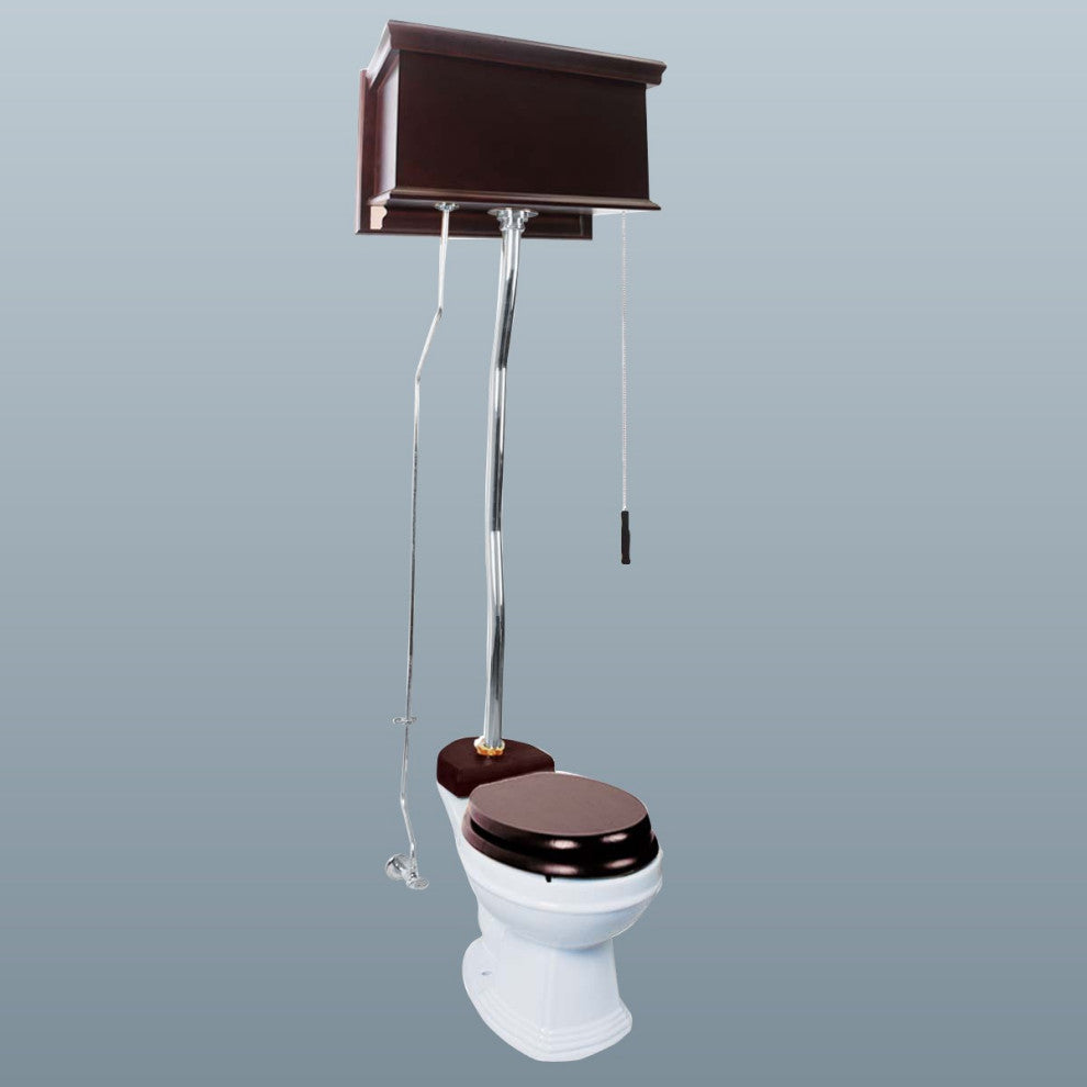 High Tank Toilets White Flat Panel Cherry Finish Round Z-Pipe, White, Chrome, Dark Oak