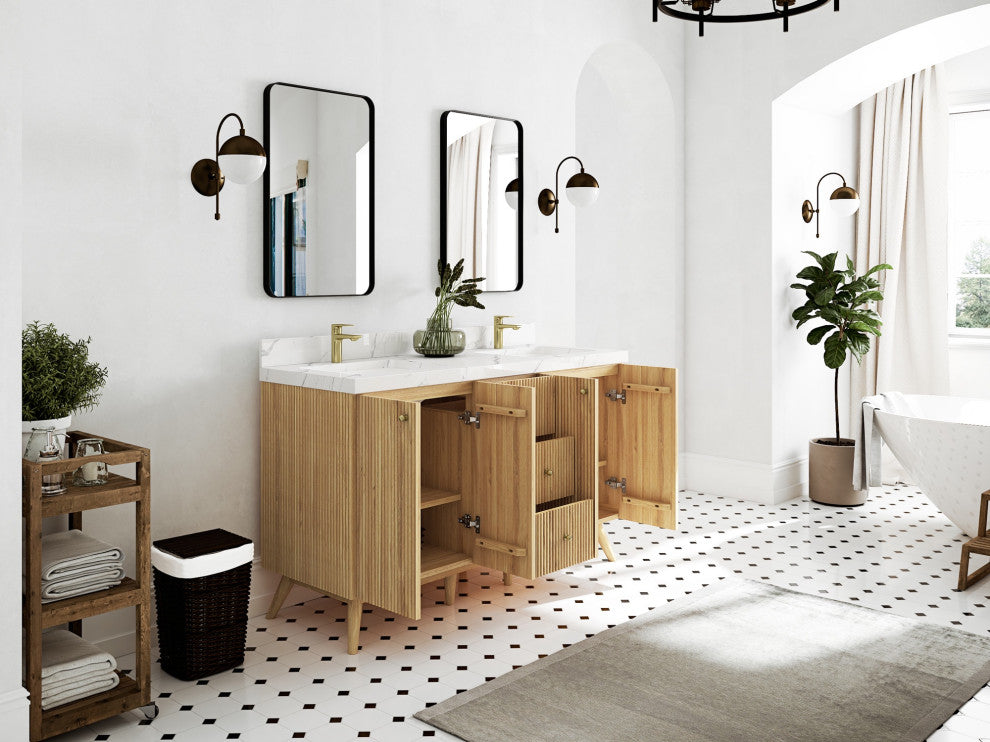 Pasadena 60 Double Sink Bathroom Vanity in Light Natural Teak 2" Viola Brown