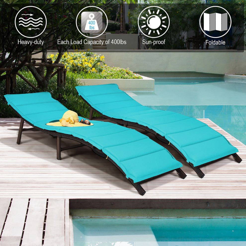 Costway 2PCS Patio Rattan Folding Lounge Chair Chaise Cushions Turquoise