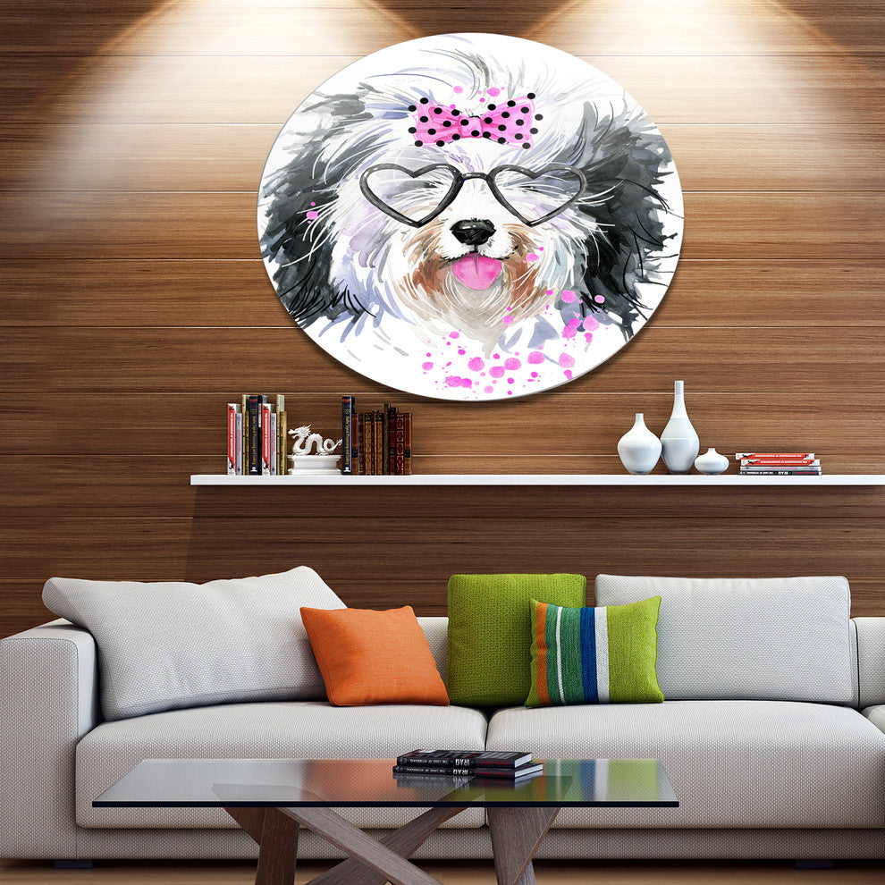 Cute Dog With Heart Glasses, Animal Art Round Wall Art, 11"