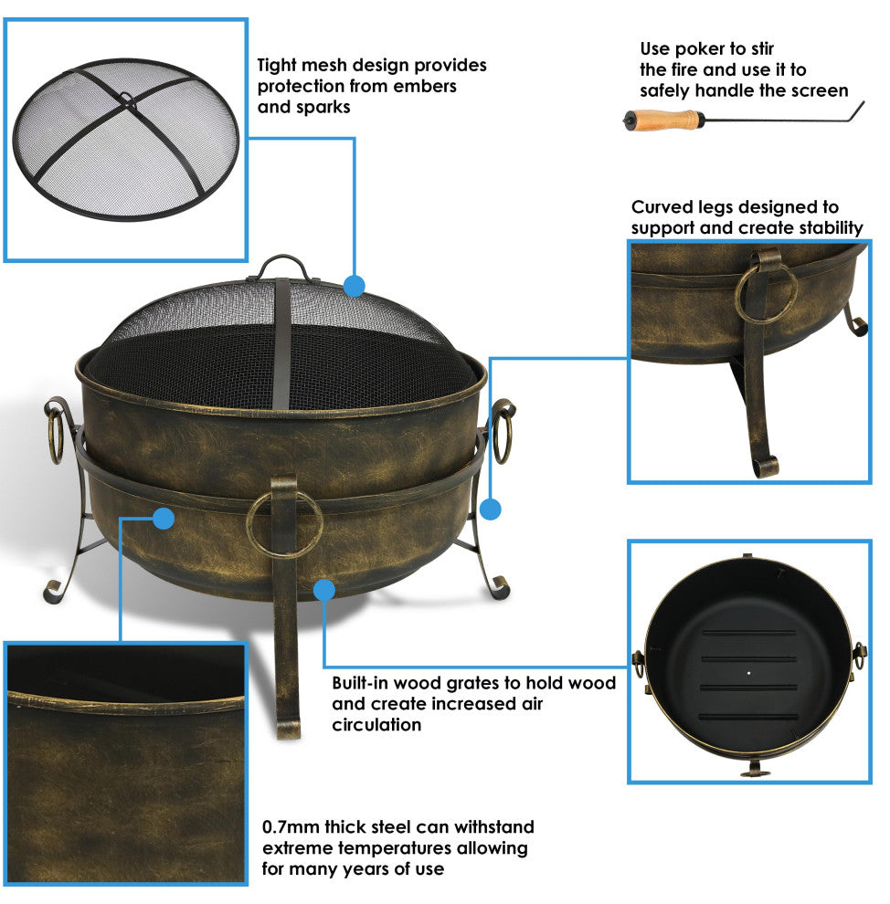 Sunnydaze Large Black Steel Cauldron Outdoor Fire Pit With Spark Screen, 34"