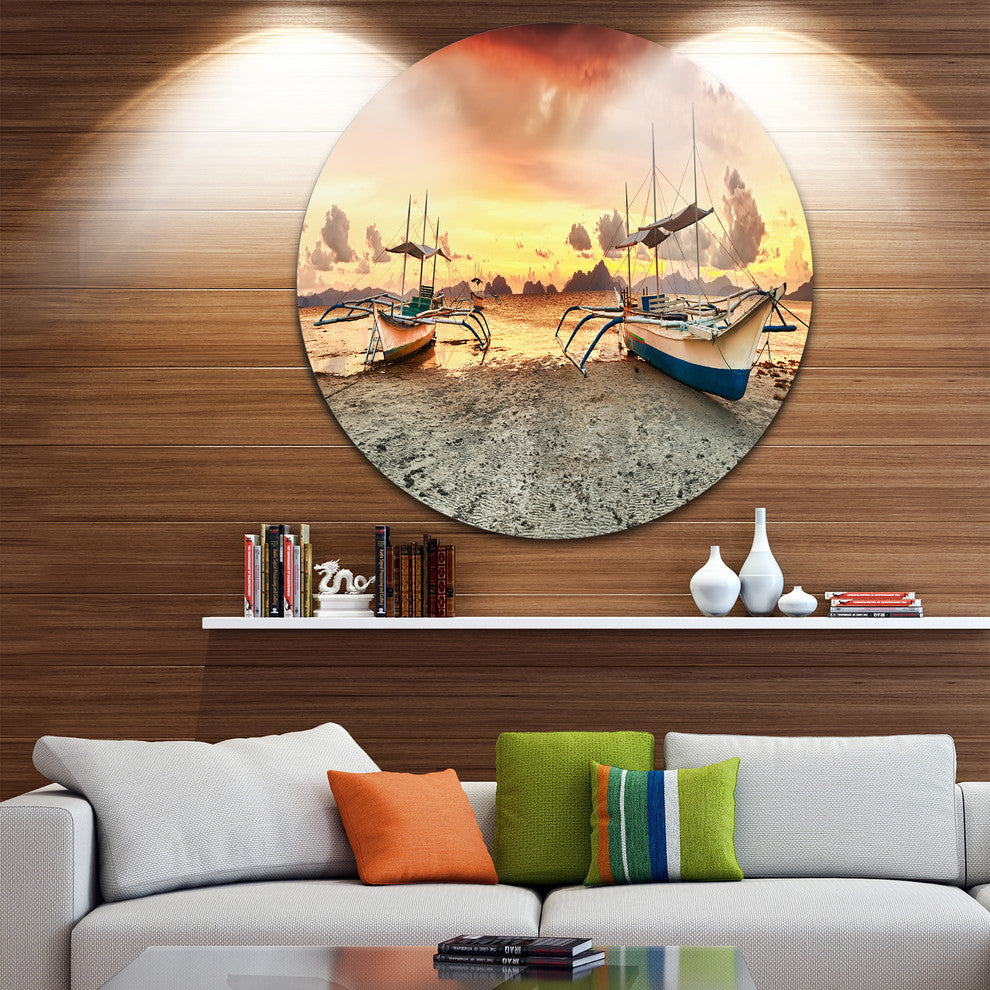 Boats At Sunset, Seashore Photography Round Wall Art, 36"