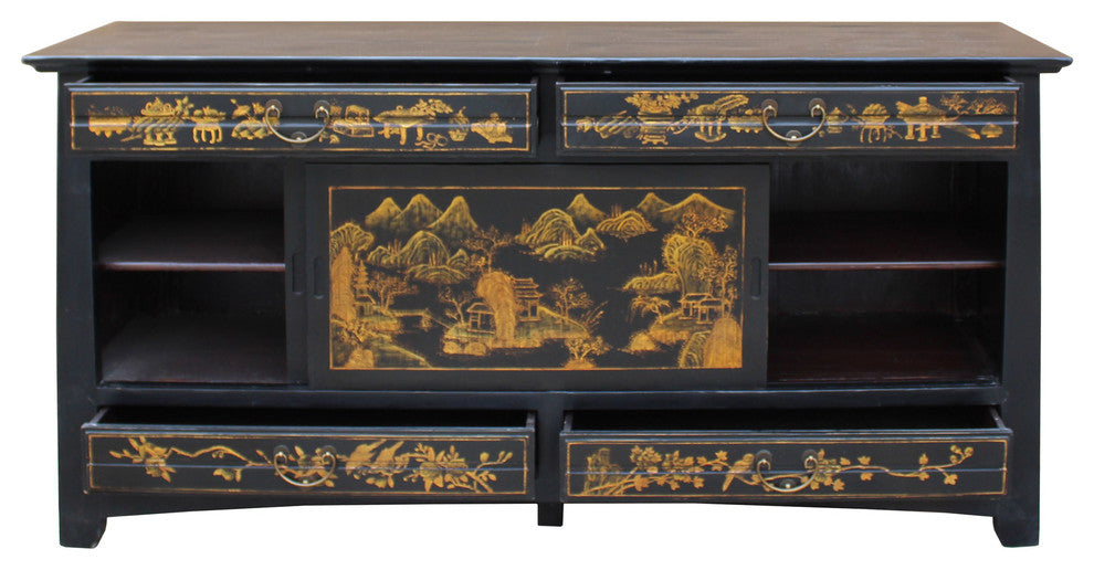 Chinese Golden Graphic Sideboard High Credenza Console Table TV Cabinet