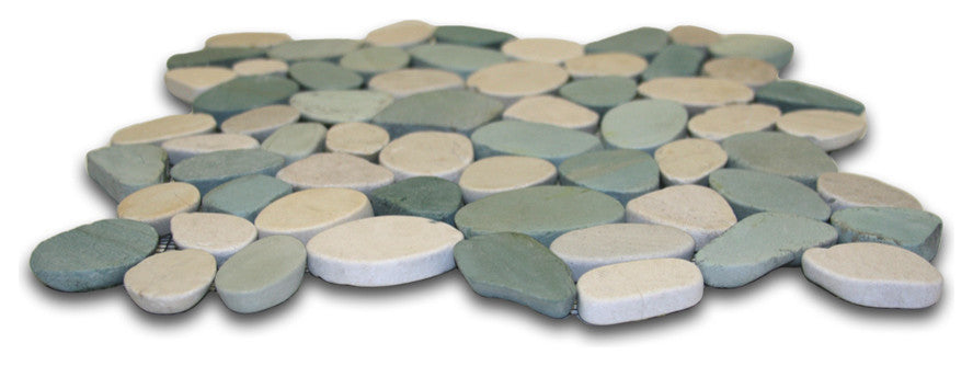 Natural Sea Green & White Sliced Pebble Tile - 12x12 Sheets with Mesh Support