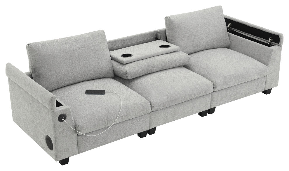 Alice Chenille Sectional Sofa, Bluetooth Speakers & USB Charger, Gray