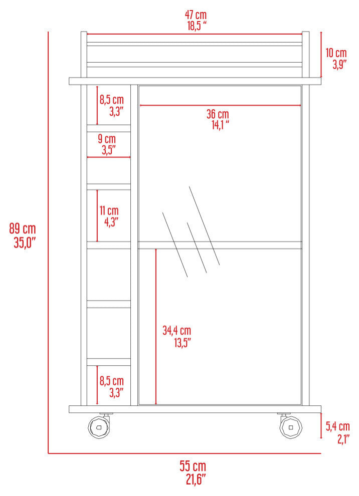Vegas Bar Cart with Glass Door, 6 Wine Cubbies, and 2 Inner Shelves, Light Grey