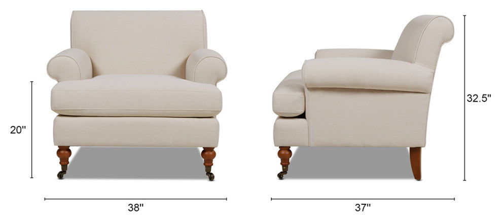 Alana 38" Lawson Accent Arm Chair, Metal Casters, Sky Neutral Beige Polyester