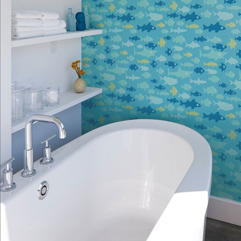 Fish Tank Peel and Stick Vinyl Wallpaper, Blue, 24"w X 108"h