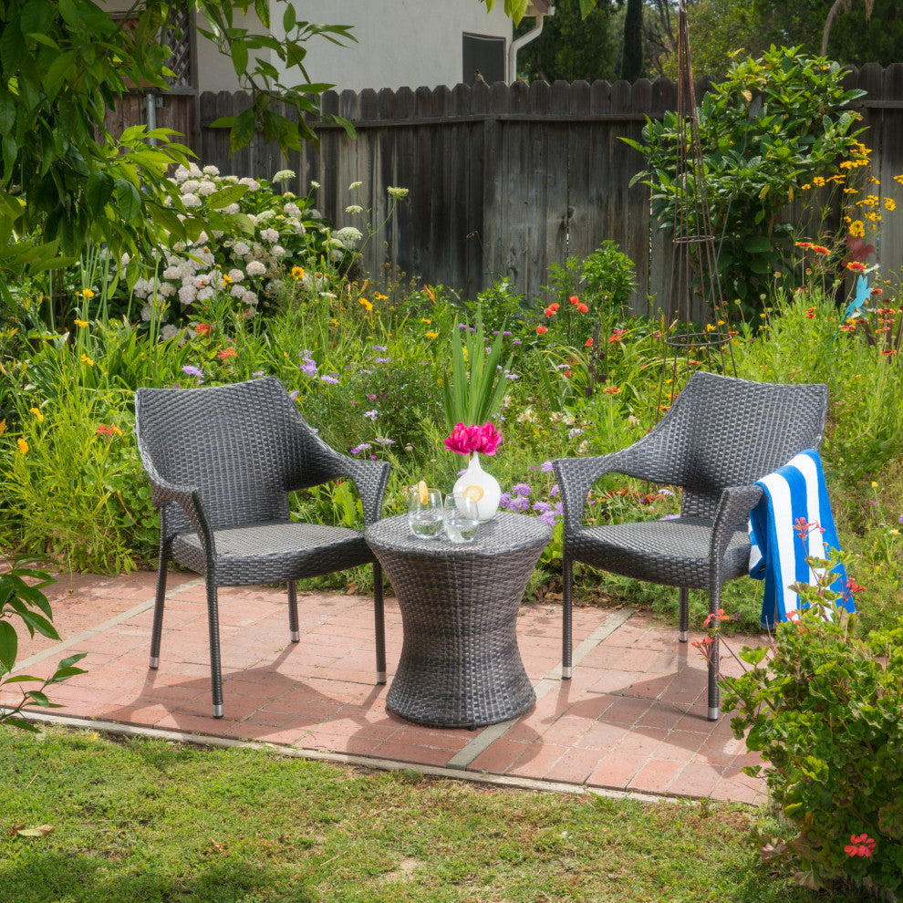 GDF Studio 3-Piece Alfheimr Outdoor Gray Wicker Stacking Chair Chat Set, Hour Glass Table