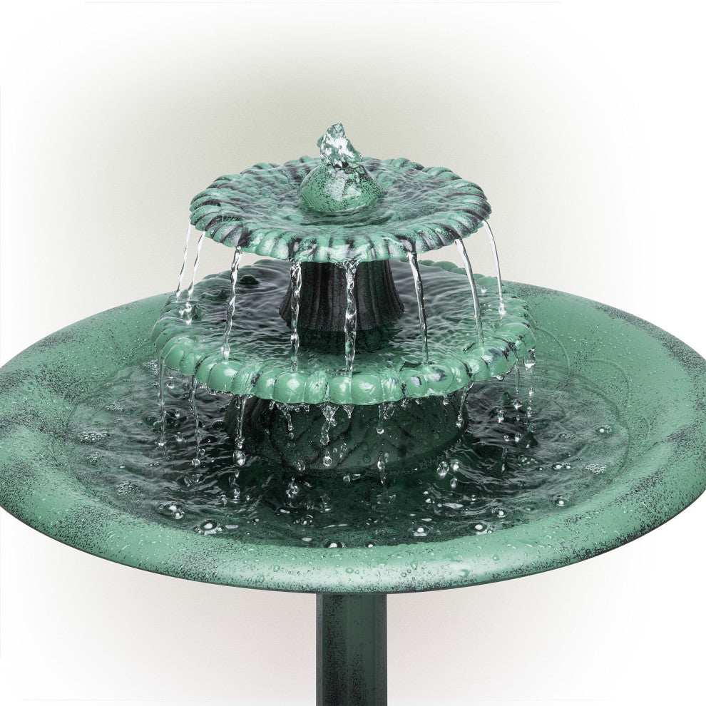 35" Tall Outdoor 3-Tiered Pedestal Water Fountain and Birdbath, Green