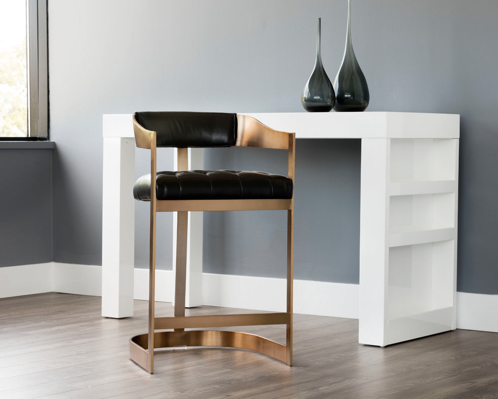 Beaumont Counter Stool, Antique Brass, Black Leather