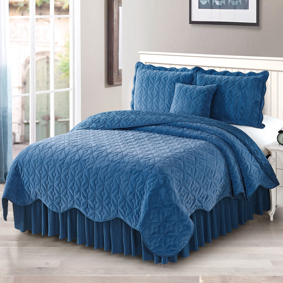 Diamond Square Quilted Coverlet 4-Piece Bedspread Set, Blue, Queen