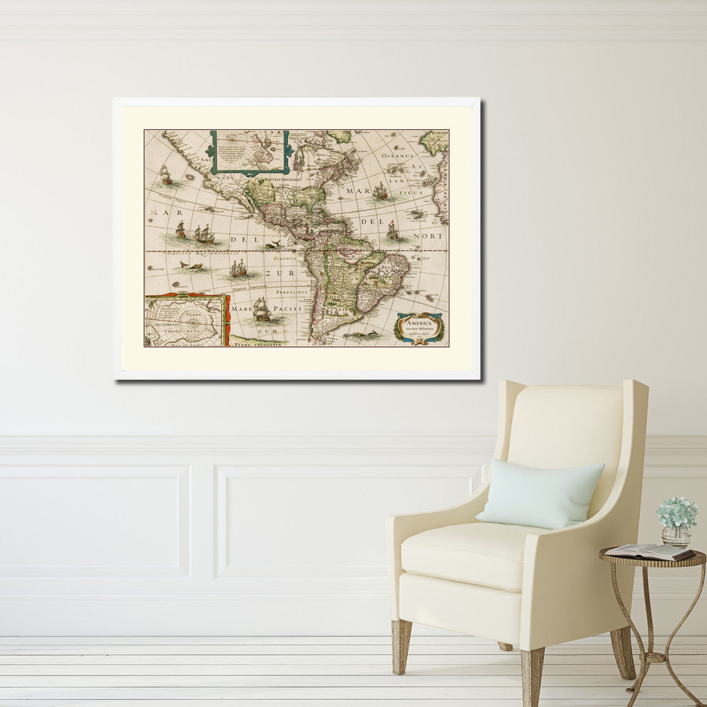 America Old Map Print On Canvas With Picture Frame Art Collection 16" X 21"