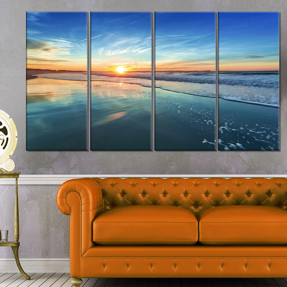 "Blue Seashore With Distant Sunset" Seashore Canvas Wall Art, 4 Panels, 48"x28"